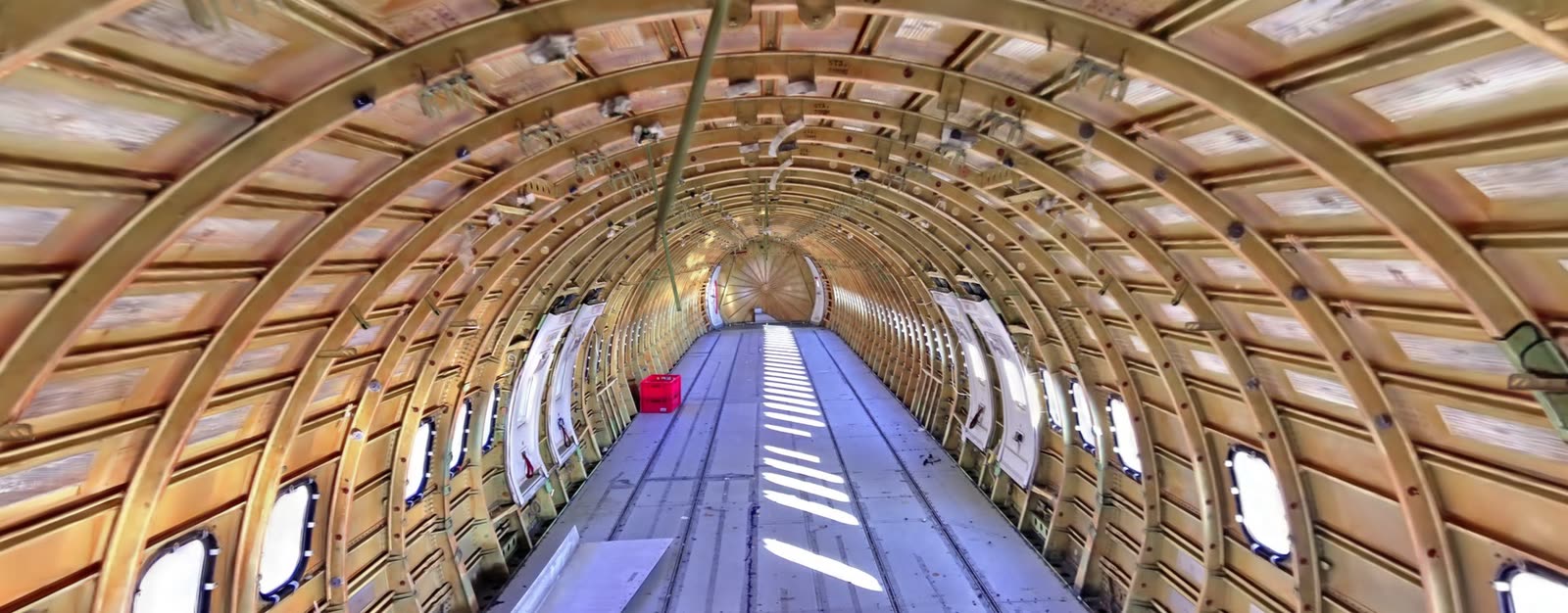 Inside a stripped aircraft fuselage