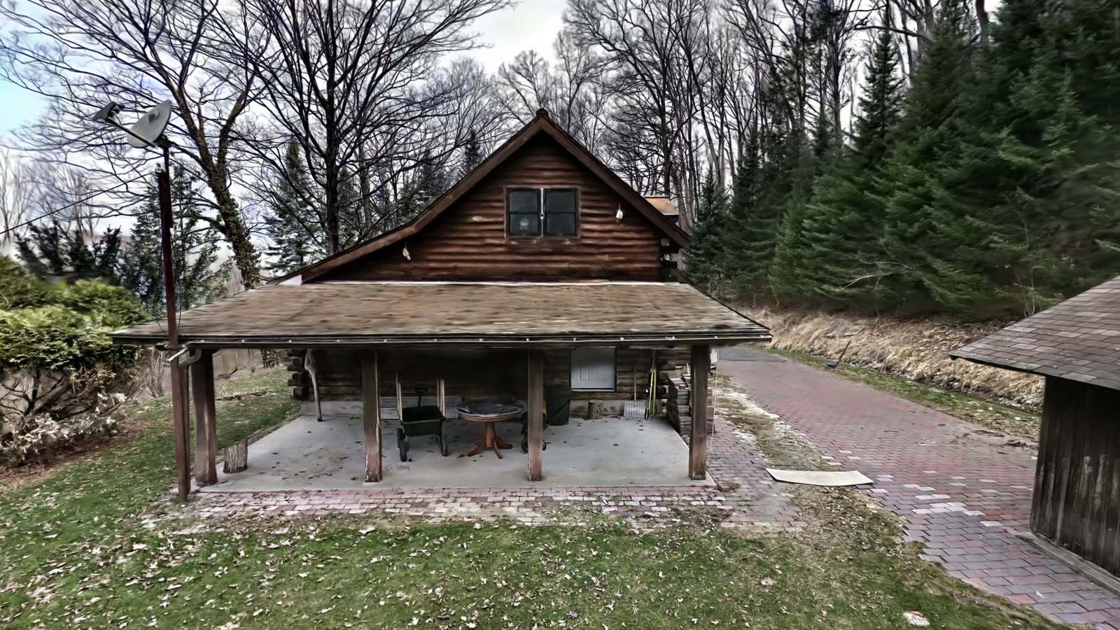 A log cabin among trees