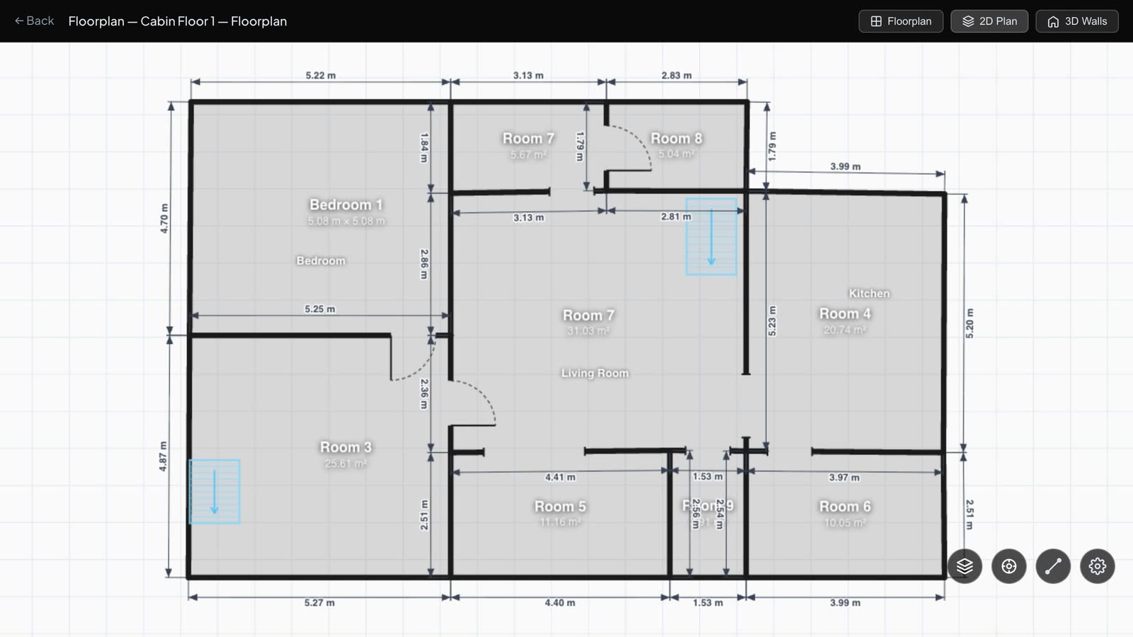 Floor 1 as a 2D drawing with dimensions