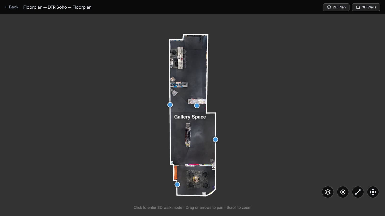 The floorplan over the scan, with four markers