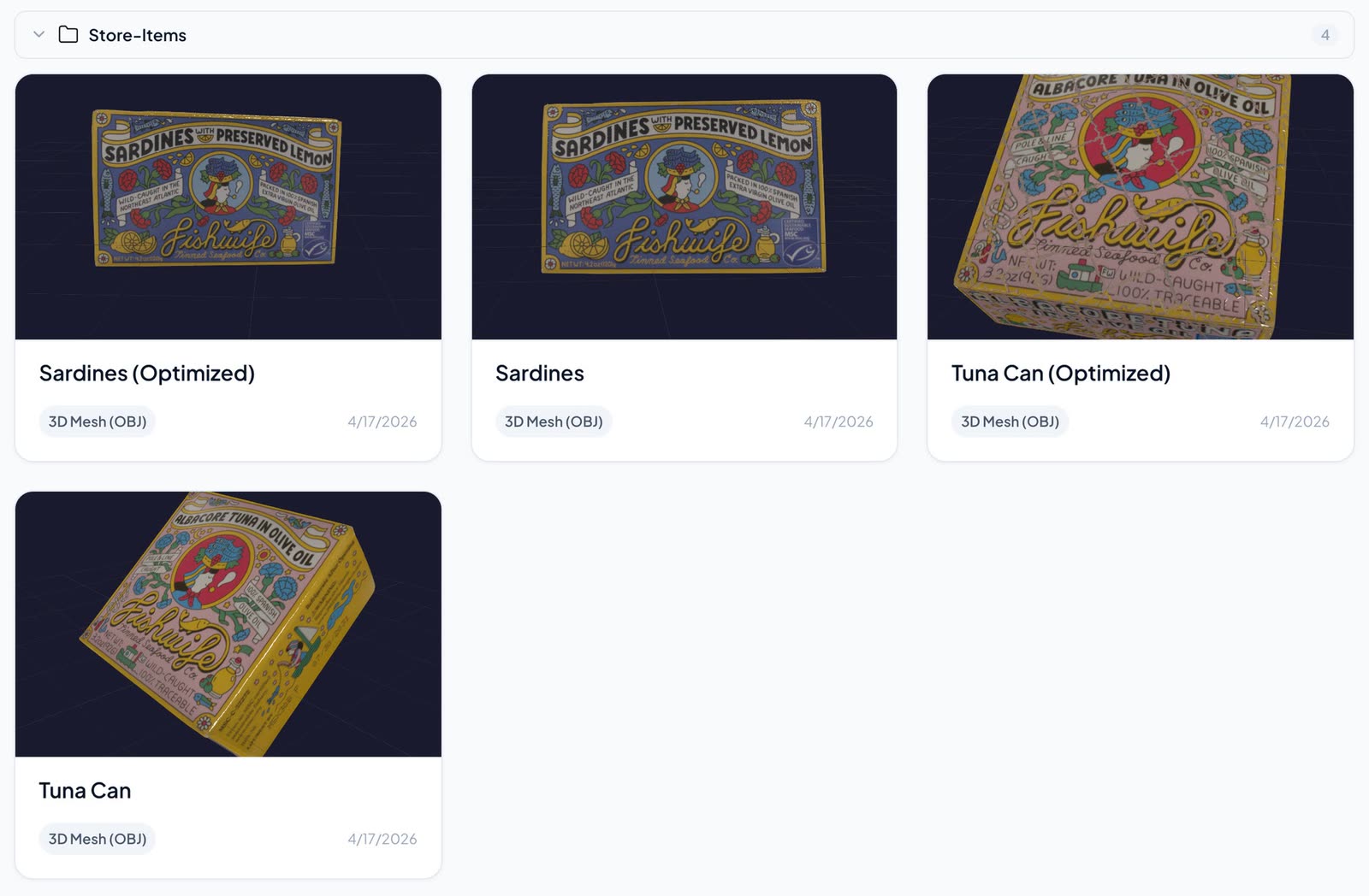 The project's product folder: four models