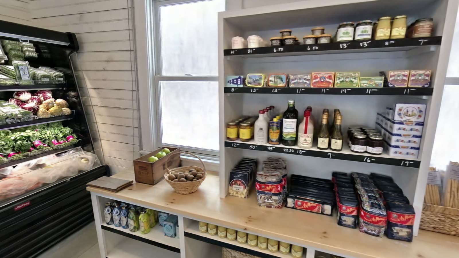 The shelves up close, with their price tags