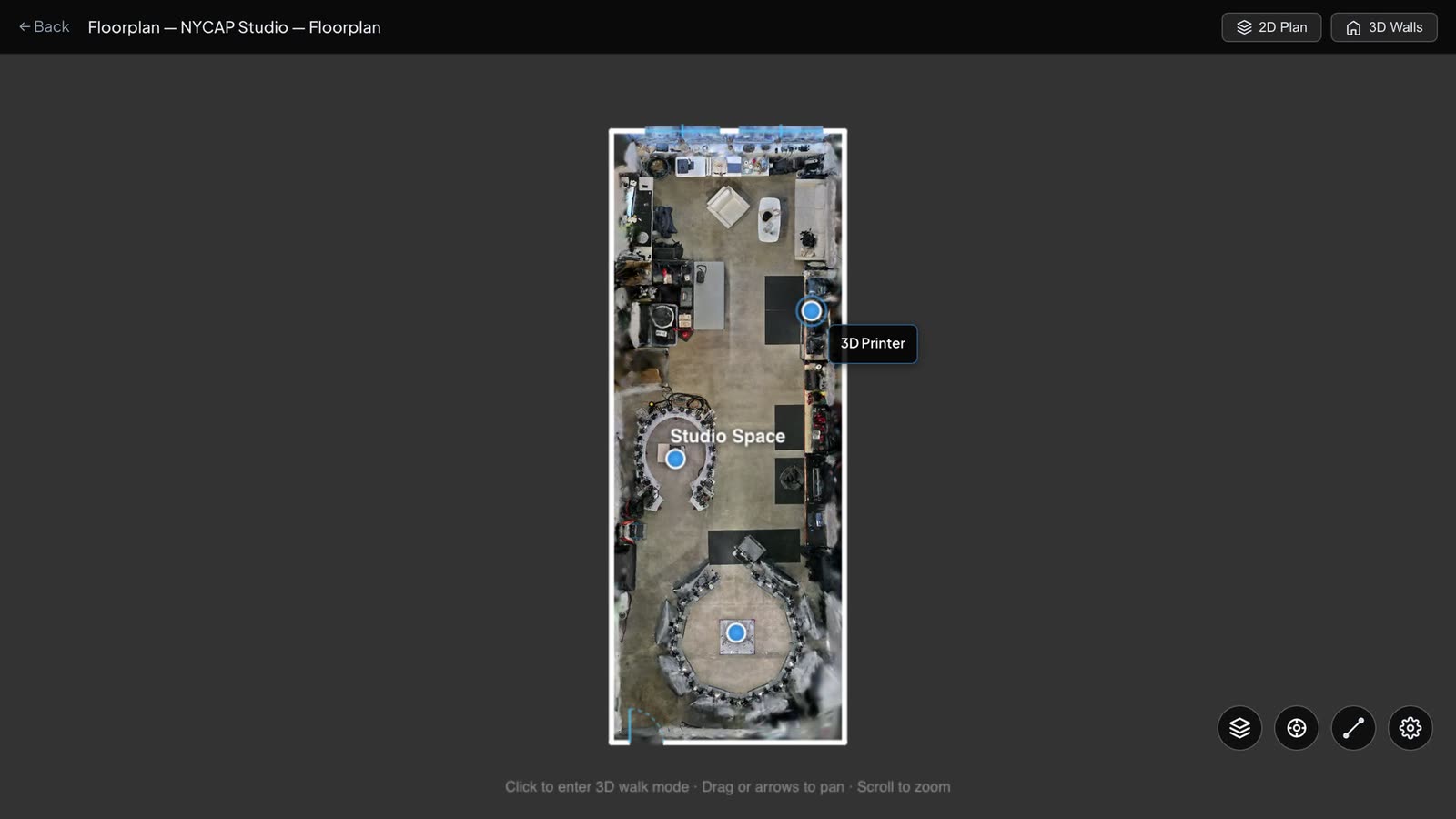 The floorplan over the scan, with three equipment markers